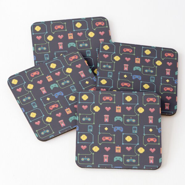Item preview, Retro Pixel Gaming Seamless Pattern | 8-Bit Controllers Coins Hearts Dark designed and sold by Midnight Veil Designs.