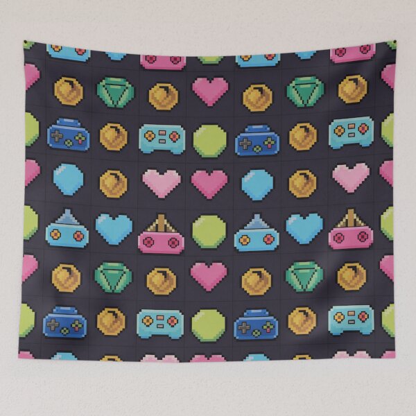 Item preview, Pixel Art Retro Gaming Pattern | 8-Bit Controllers Coins Hearts Dark Grid designed and sold by Midnight Veil Designs.