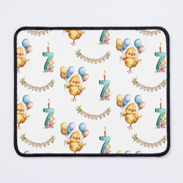 Item preview, Celebrating a birthday with colorful balloons and a chick holding them, accompanied by a birthday cake candle and a number seven designed and sold by Ms. Iryna.