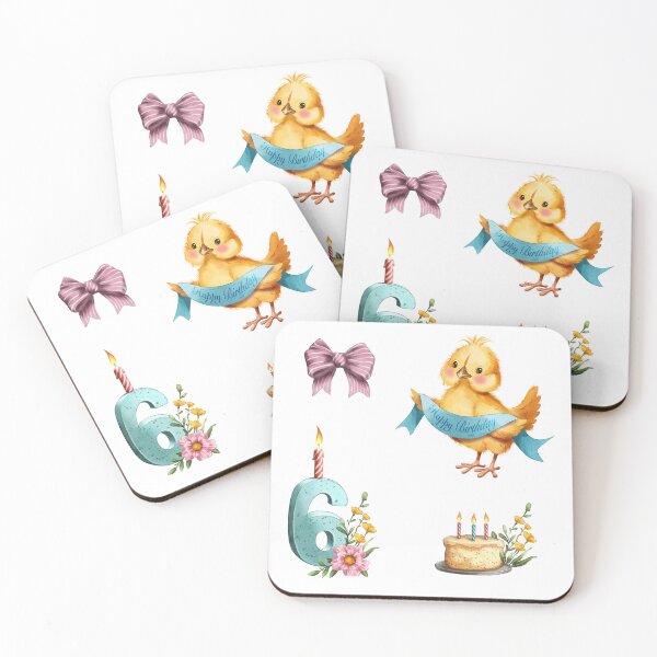 Item preview, Bright birthday celebration with a chick holding a banner, a number six, candles, and flowers designed and sold by Ms. Iryna.