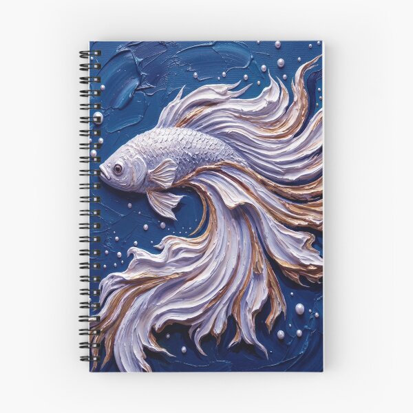 Item preview, Textured Oil Painting of a White and Gold Betta Fish Swimming in Deep Teal Water designed and sold by RadiantRenderArt.