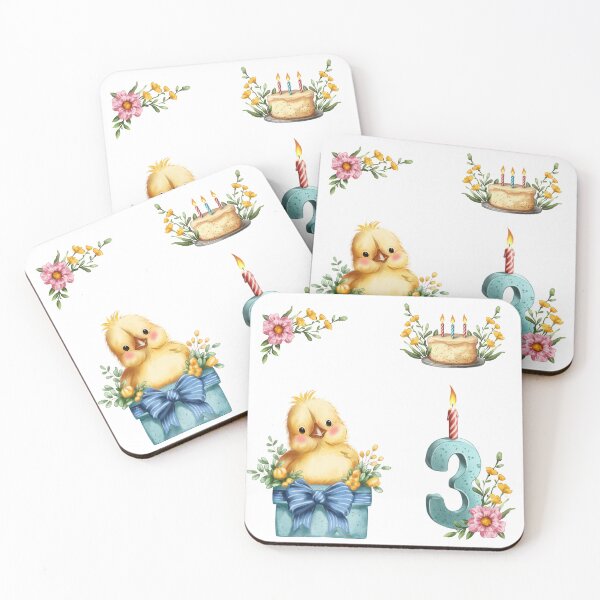 Item preview, Cute yellow chick with flowers, cake, and number three candle for birthday celebration scene designed and sold by Ms. Iryna.