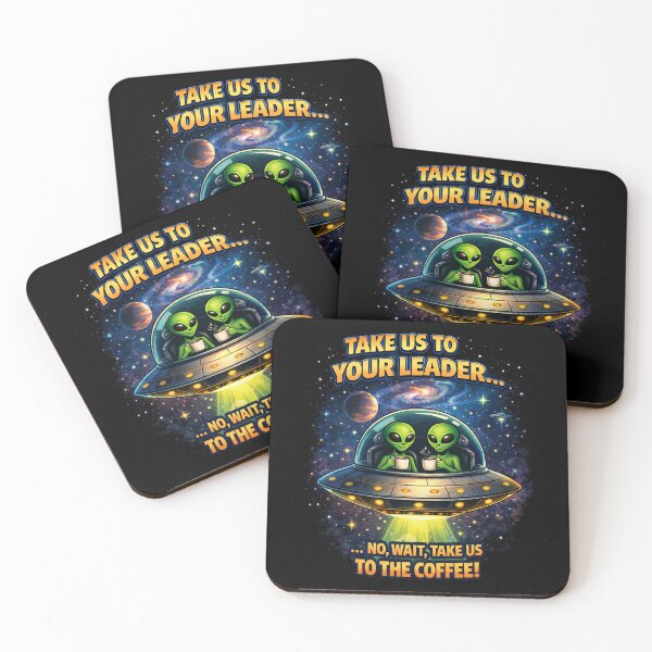 Item preview, Funny Alien Art – Take Us to Your Leader… No, Wait, Take Us to the Coffee – UFO Sci-Fi Illustration designed and sold by HubCreates.