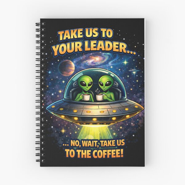 Artikelvorschau, Witzige Alien-Kunst – Bringt uns zu eurem Anführer… Nein, Moment, bringt uns zum Kaffee – UFO-Science-Fiction-Illustration entworfen und verkauft von HubCreates.