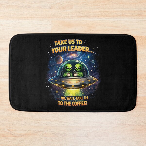 Item preview, Funny Alien Art – Take Us to Your Leader… No, Wait, Take Us to the Coffee – UFO Sci-Fi Illustration designed and sold by HubCreates.