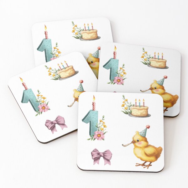 Item preview, Celebration scene with birthday cake, candles, number one, chick, and ribbon focused on a first birthday party designed and sold by Ms. Iryna.
