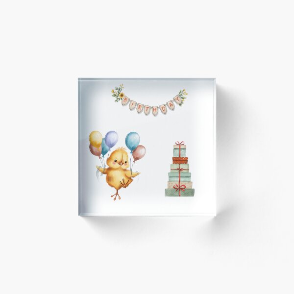 Item preview, Birthday celebration with a chick holding balloons and gift boxes arranged for a joyful event designed and sold by Ms. Iryna.