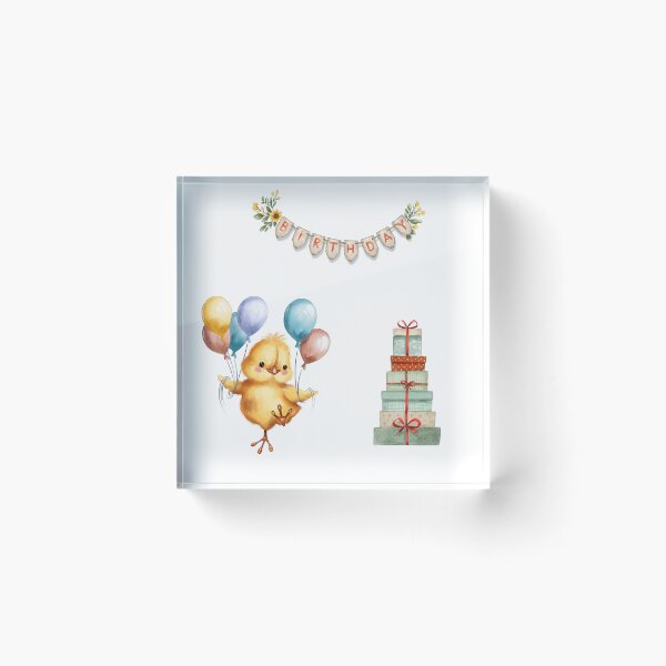 Item preview, Birthday celebration with a chick holding balloons and gift boxes arranged for a joyful event designed and sold by Ms. Iryna.