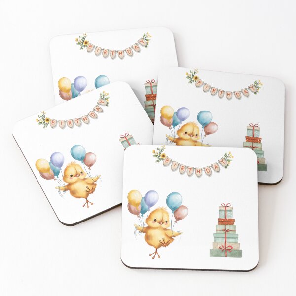 Item preview, Birthday celebration with a chick holding balloons and gift boxes arranged for a joyful event designed and sold by Ms. Iryna.