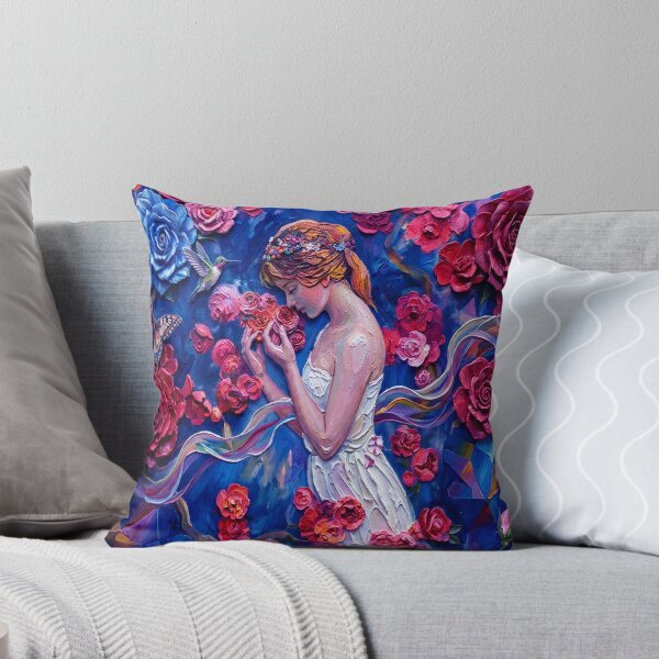 Item preview, Textured Oil Painting of a Young Woman Smelling Vibrant Red Roses in a Lush Garden designed and sold by ARTCREATESHOP.