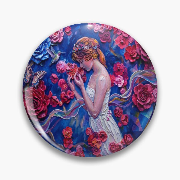 Item preview, Textured Oil Painting of a Young Woman Smelling Vibrant Red Roses in a Lush Garden designed and sold by ARTCREATESHOP.