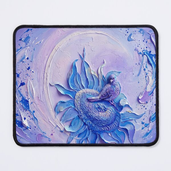 Item preview, Textured Oil Painting Featuring a Small Bird Perched Upon a Stylized Blue Sunflower Bloom designed and sold by ARTCREATESHOP.