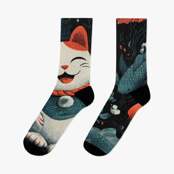 Item preview, Maneki-neko waves with fish designed and sold by anytka.