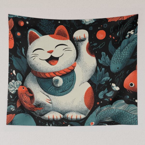Item preview, Maneki-neko waves with fish designed and sold by anytka.