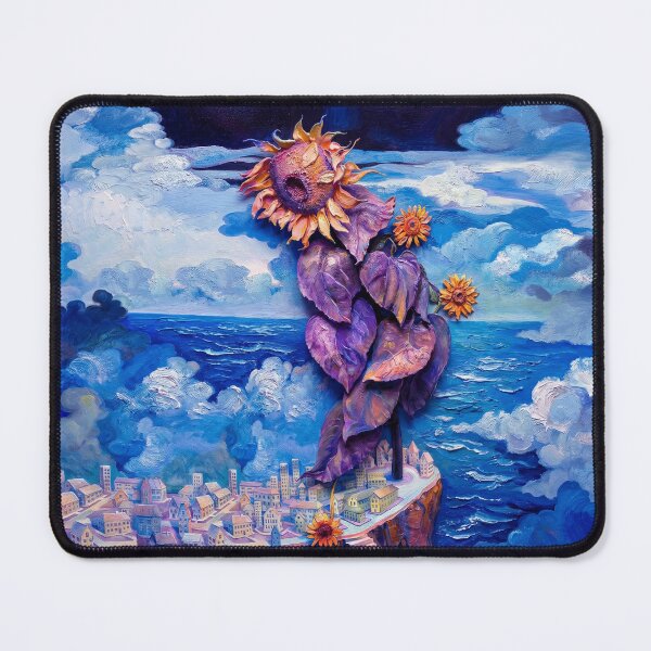 Item preview, Surreal Oil Painting of Giant Sunflowers Looming Over a Coastal City Above a Raging Sea designed and sold by ARTCREATESHOP.