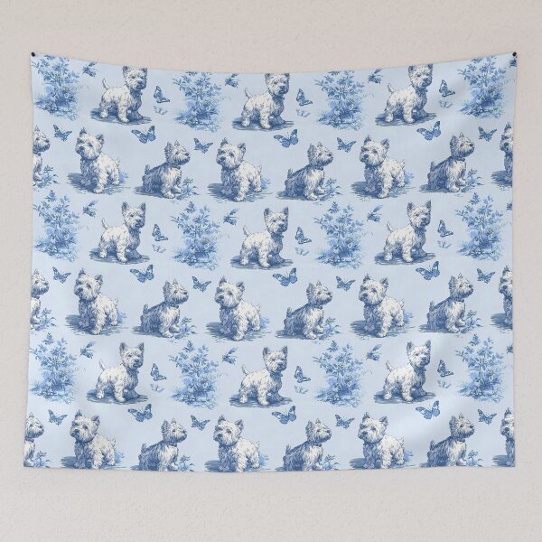 Item preview, Terriers and butterflies toile in blue and white designed and sold by SophieClimaArt.