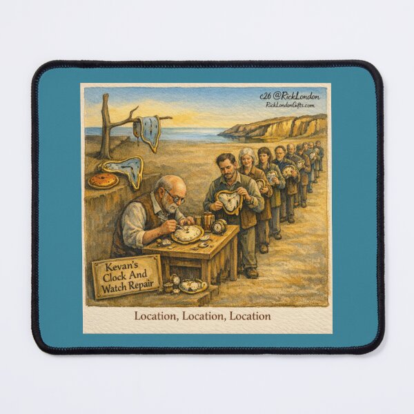 Item preview, Surreal Melting Clock Beach Repair – Location Location Location Cartoon” designed and sold by Rick London Gifts.