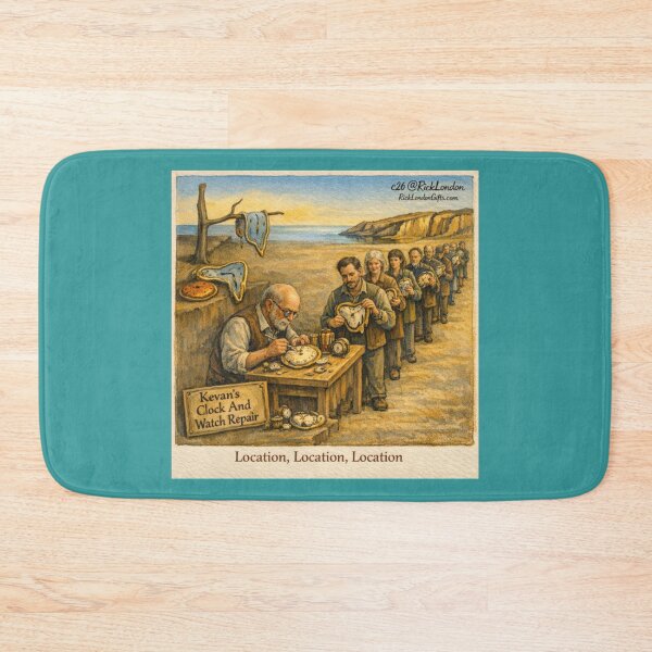 Item preview, Surreal Melting Clock Beach Repair – Location Location Location Cartoon” designed and sold by Rick London Gifts.