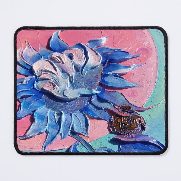 Item preview, Textured Impasto Oil Painting of a Small Bird Resting on a Vibrant Blue Sunflower Bloom designed and sold by ARTCREATESHOP.