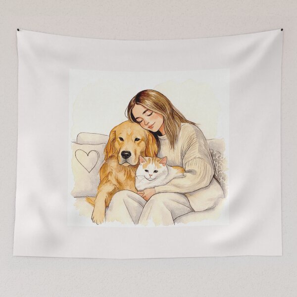 Item preview, Quiet Embrace – Woman, Golden Retriever & Cat in Minimalist Serenity #10 designed and sold by Helios Be. Lavsh.