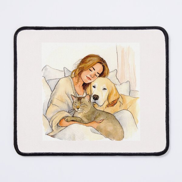 Item preview, Quiet Embrace – Woman, Golden Retriever & Cat in Minimalist Serenity #11 designed and sold by Helios Be. Lavsh.