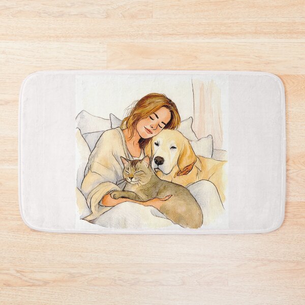 Item preview, Quiet Embrace – Woman, Golden Retriever & Cat in Minimalist Serenity #11 designed and sold by Helios Be. Lavsh.