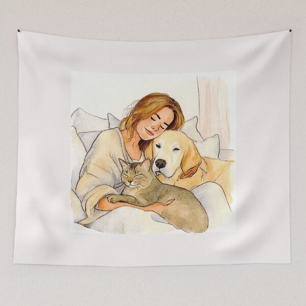 Item preview, Quiet Embrace – Woman, Golden Retriever & Cat in Minimalist Serenity #11 designed and sold by Helios Be. Lavsh.