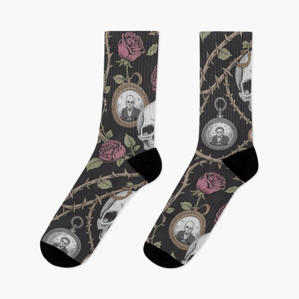 Item preview, Dark Gothic Memento Mori Seamless Pattern | Skulls Roses Pocket Watches Victorian Portraits Black designed and sold by Midnight Veil Designs.