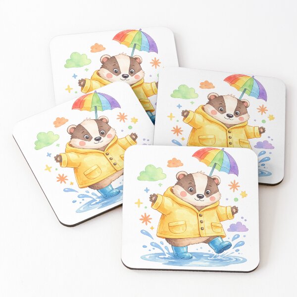 Item preview, Cute Badger in Raincoat Splashing in Puddle Kawaii Watercolor Illustration designed and sold by Nusha Creations.
