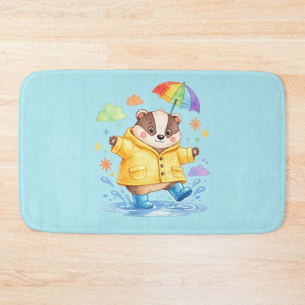 Item preview, Cute Badger in Raincoat Splashing in Puddle Kawaii Watercolor Illustration designed and sold by Nusha Creations.