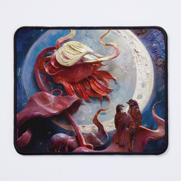 Item preview, Surreal Oil Painting of Two Birds Perched Beneath a Glowing Moon and Ethereal Alien Flower designed and sold by ARTCREATESHOP.