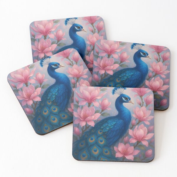Item preview, Blue Peacock Among Blooming Magnolias – Elegant Floral Bird Illustration designed and sold by EmeraldeaArt.