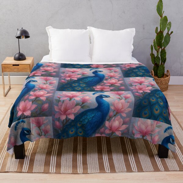 Item preview, Blue Peacock Among Blooming Magnolias – Elegant Floral Bird Illustration designed and sold by EmeraldeaArt.