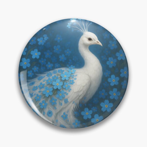 Item preview, White Peacock with Blue Forget-Me-Nots – Fantasy Floral Bird designed and sold by EmeraldeaArt.