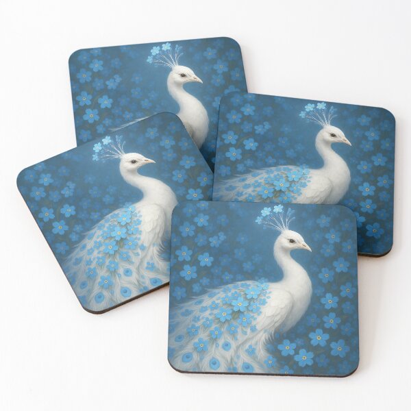 Item preview, White Peacock with Blue Forget-Me-Nots – Fantasy Floral Bird designed and sold by EmeraldeaArt.