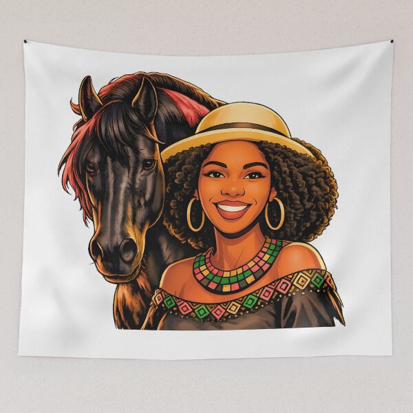 Item preview, Afro Woman and Black Horse Art, African Pride Illustration, Afrocentric Beauty, Cultural Heritage Design designed and sold by ArtSpark Studio.