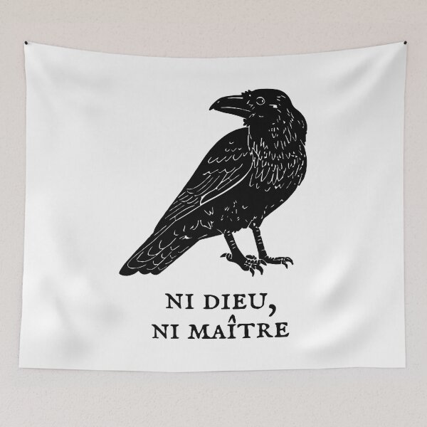 Item preview, Raven Illustration With French Anarchist Slogan Ni Dieu, Ni Maître Black Line Art designed and sold by Angry Swan Designs.