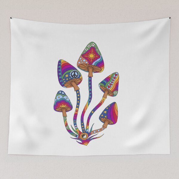 Item preview, Psychedelic 5 Mushrooms Art White– Retro Hippie Rainbow Groovy Peace Design designed and sold by Kellie Espie Art.