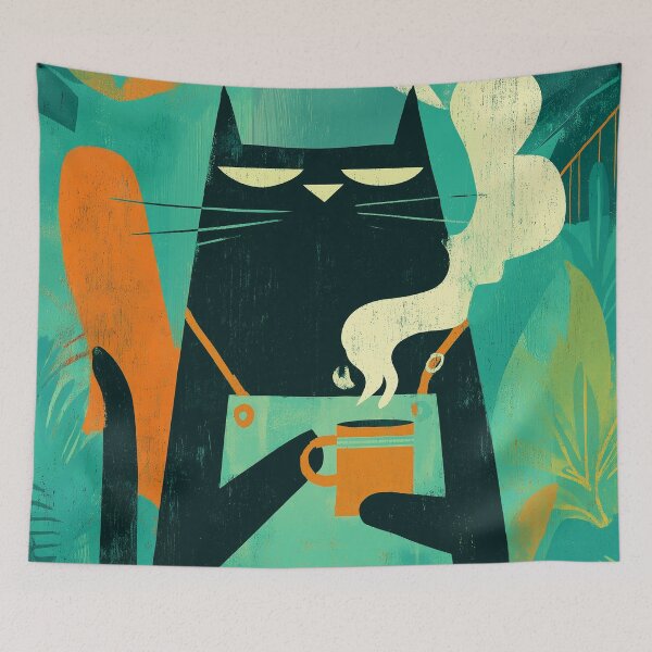 Item preview, Black Cat Coffee Ritual – Vintage Tropical Illustration designed and sold by Artixshopy98.
