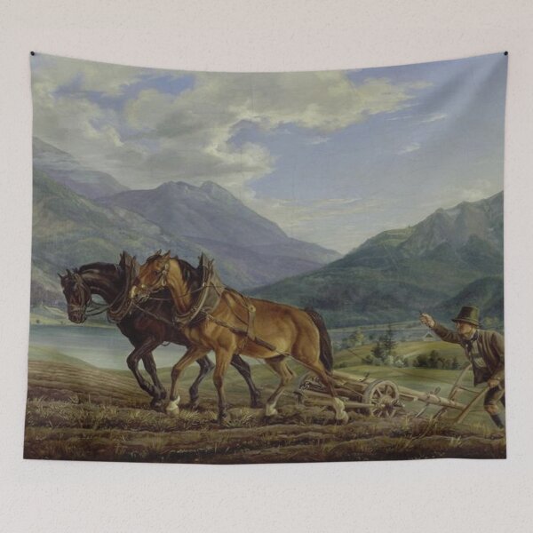 Item preview, Mountain landscape with plowing farmers designed and sold by SharonTheFirst.