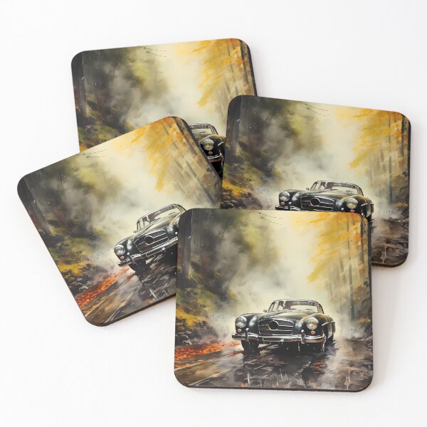 Item preview, Vintage black classic car driving through autumn forest designed and sold by RevUpDesign.