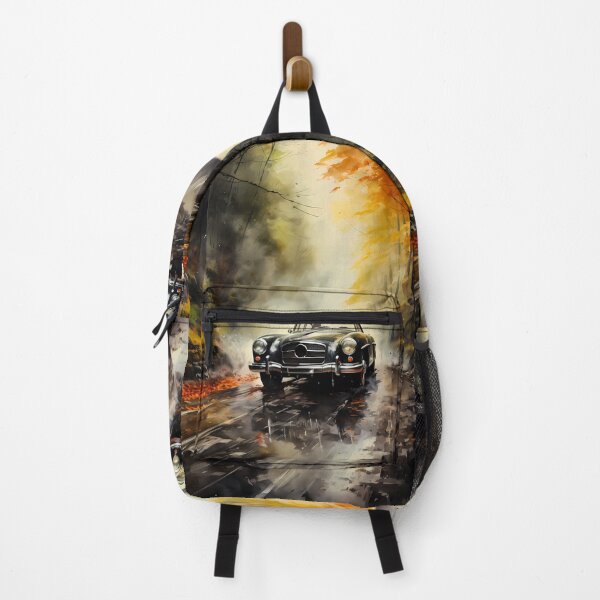 Item preview, Vintage black classic car driving through autumn forest designed and sold by RevUpDesign.