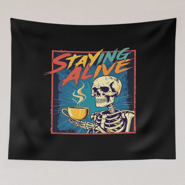 Item preview, Staying Alive Skeleton Coffee Art – Funny Retro Undead Caffeine Illustration designed and sold by Bright Nest Studio.