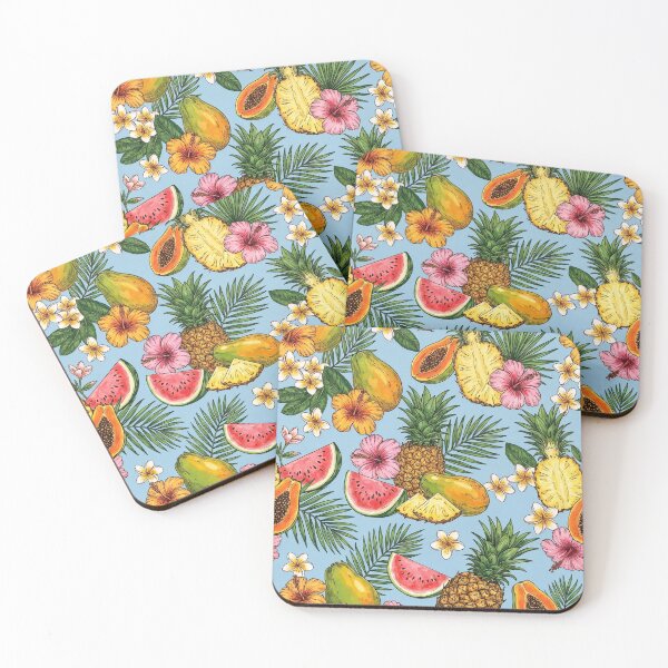 Item preview, A colorful tropical fruit pattern with flowers on a blue background designed and sold by Creative88Art.
