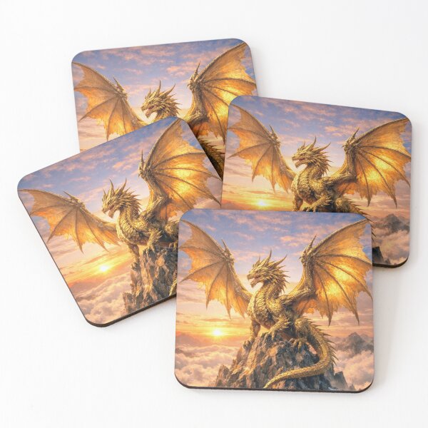 Item preview, Golden Dragon on Mountain Peak – Epic Fantasy Sunrise Dragon Artwork designed and sold by DrakariArt.