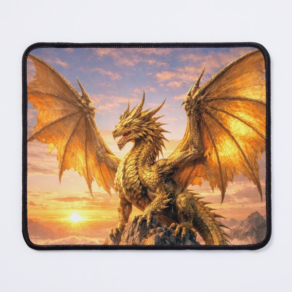 Item preview, Golden Dragon on Mountain Peak – Epic Fantasy Sunrise Dragon Artwork designed and sold by DrakariArt.