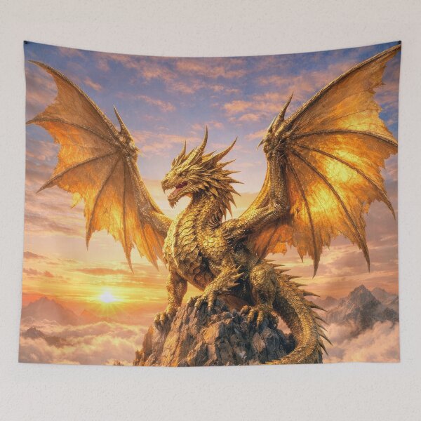 Item preview, Golden Dragon on Mountain Peak – Epic Fantasy Sunrise Dragon Artwork designed and sold by DrakariArt.