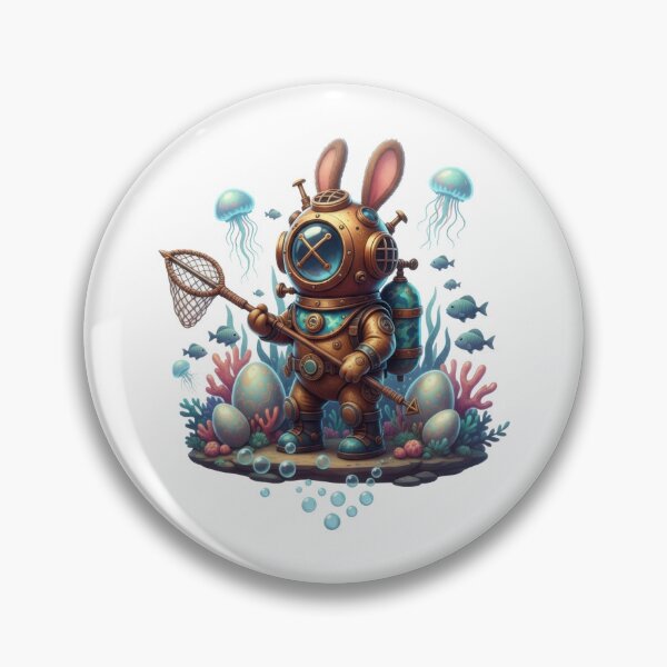 Item preview, Adventurous steampunk bunny in diving suit explores underwater with an egg, coral designed and sold by Jdee23.
