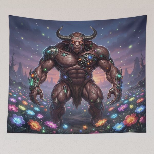 Item preview, Cyber Minotaur in Bloom – Futuristic Myth Creature in a Surreal Flower World designed and sold by FotoworldEdel.