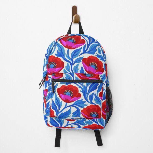 Item preview, Vibrant Red Poppy & Electric Blue Floral Folk Art Pattern designed and sold by Far Out Goods.